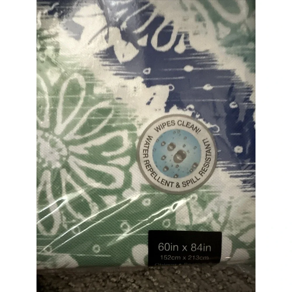 Fiesta Tablecloth 60x84 Oblong Blue Mint Batik Floral Indoor Outdoor Polyester